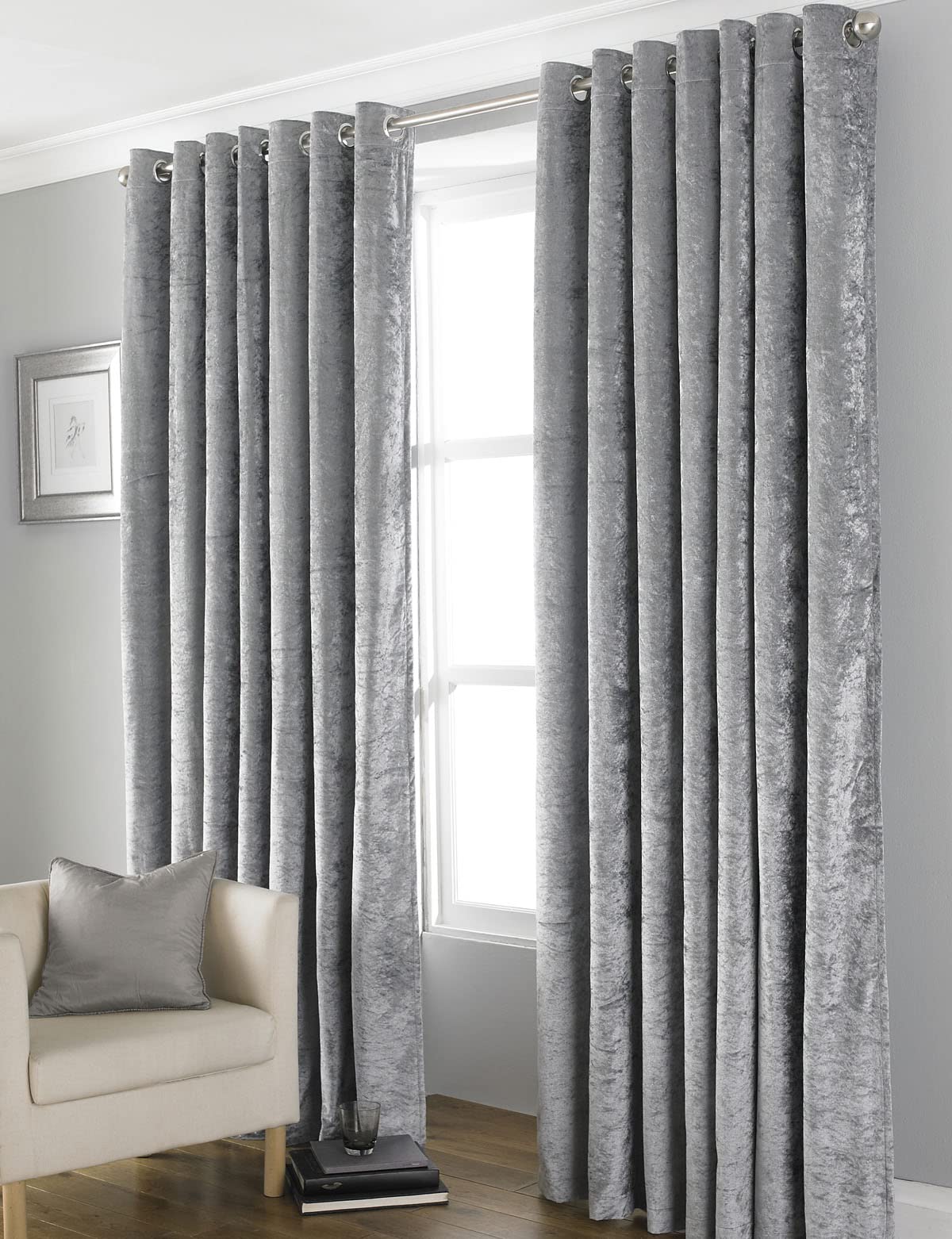 Country Club Bliss Crushed Velvet Blackout Eyelet Fully Lined Thermal Curtains, Grey, 66 x 72