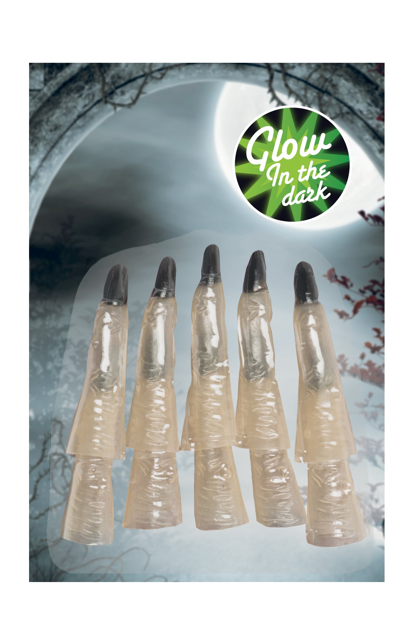 Boland 74508 Witch Finger Set, 10 Pieces, Glow-in-the-Dark Covers for Your Fingers, Ideal for Carnival or Halloween, Costume Accessory for Witch or Vampire