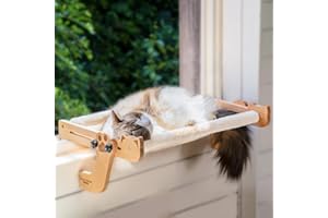 CHEERHOME PETS Cat Window Perch with Washable Bolster, Fluffy Cats Hammock Bed for Window, Adjust Wooden Seat for Kitten Bedside Windowsill, Wooden Cats Furniture(Medium White)