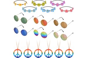 Hotusi 18Pcs Hippie Costume Accessory Set,Peace Sign Necklaces Sunflower Headbands Retro Round Sunglasses for Dress Party