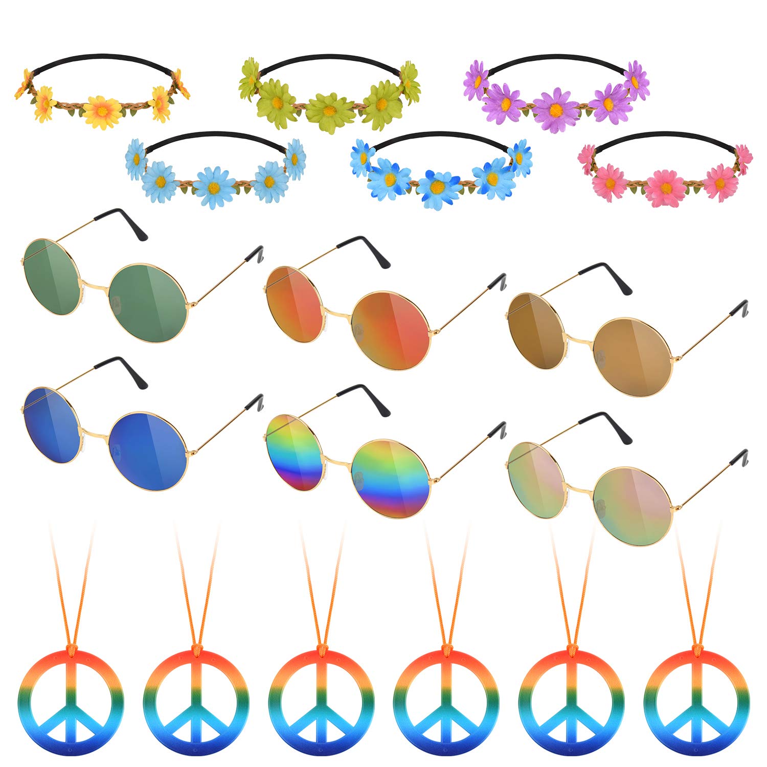 Hotgod 18Pcs Hippie Costume Accessory Set for 60s 70s Dressing Accessory Hippie Party Supplies(Peace Sign Necklaces Daisy + Daisy Sunflower Headbands+Retro Round Sunglasses)
