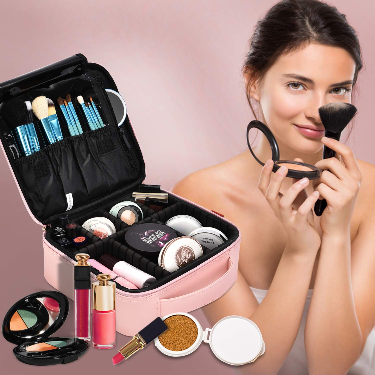 NiceEbag Makeup Bag Travel Cosmetic Bag for Women Cute Makeup Case Large Leather Cosmetic Train Case Organizer with Adjustable Dividers for Cosmetics Make Up Tools Toiletry Jewelry, Rose gold : Beauty