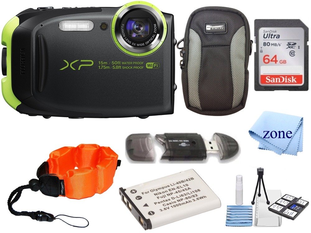 64 Gbメモリカード 手首フローティングストラップ 交換用np Fujifilm ライムグリーン Finepix Xp80防水デジタルカメラ2 7インチ液晶ディスプレイ付きビデオカメラ B07d4qz1yv 45バッテリー向けバンドルキット コンパクト 有名ブランド