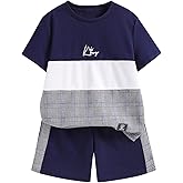 Floerns Boy's 2 Piece Outfit Striped Colorblock Short Sleeve T Shirts with Track Shorts Set