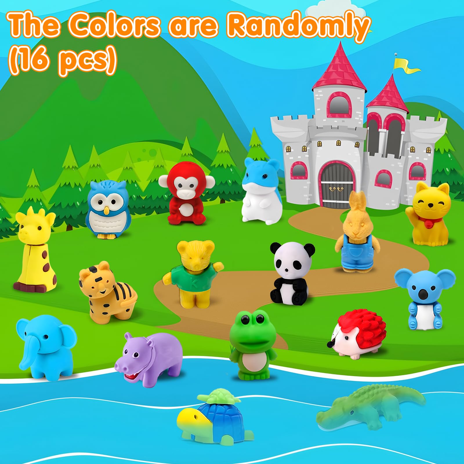16 Pack Animal 3D Erasers Desk Pets for Kids Pencil Erasers Bulk Gifts for Classroom Prizes,Game Reward,Treasure Box,Goodie Bag Stuffers,Pinata Filler,Party Favors,Puzzle Mini Toys School Supplies