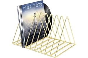 Udreamer 9 Slot Record Holder,Desktop Vinyl Record Storage Holds Up 30 LPs,Metal Magazine Holder Triangle File Holder for Office Homer,Golden