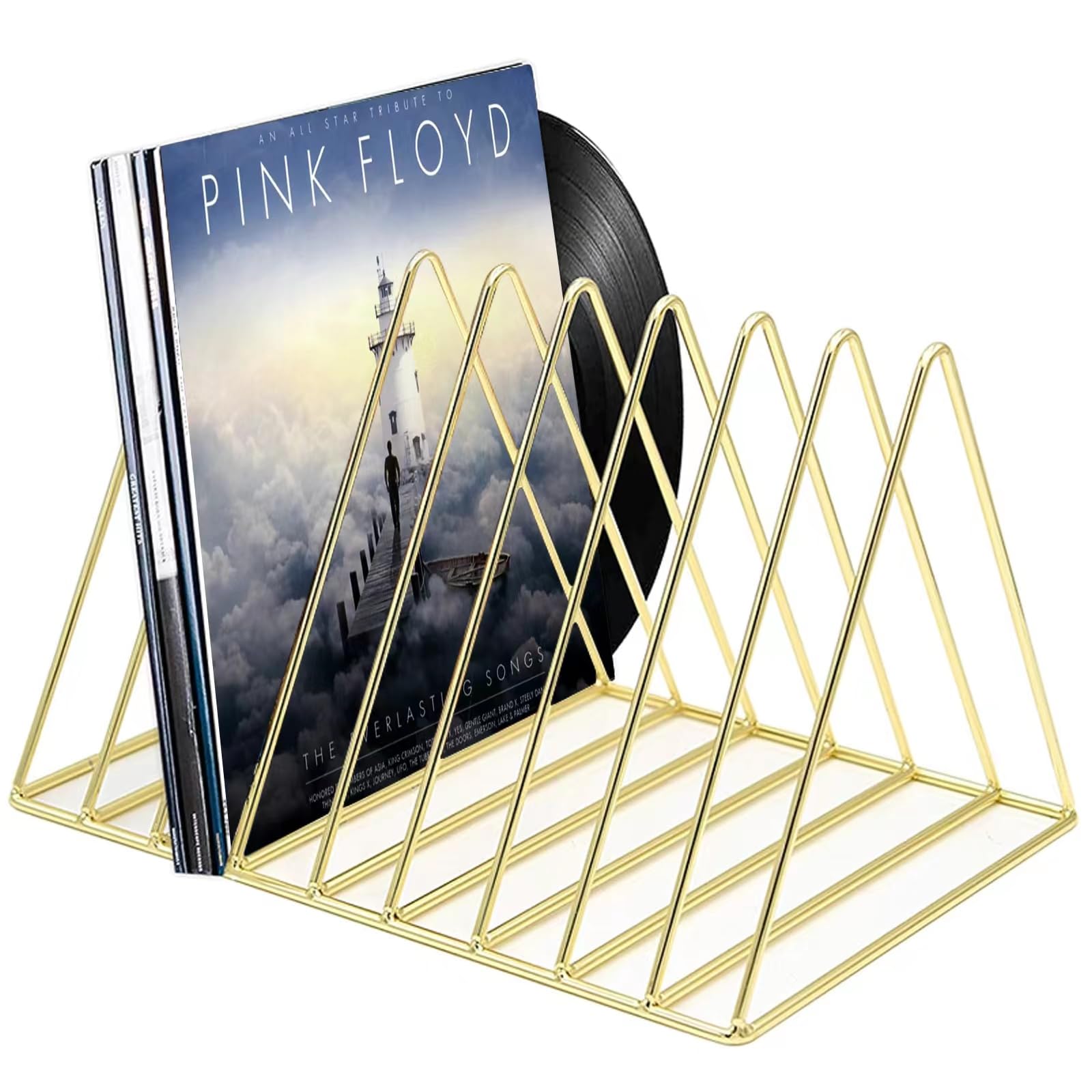Photo 1 of Udreamer 9 Slot Record Holder,Desktop Vinyl Record Storage Holds Up 30 LPs,Metal Magazine Holder Triangle File Holder for Office Homer,Golden