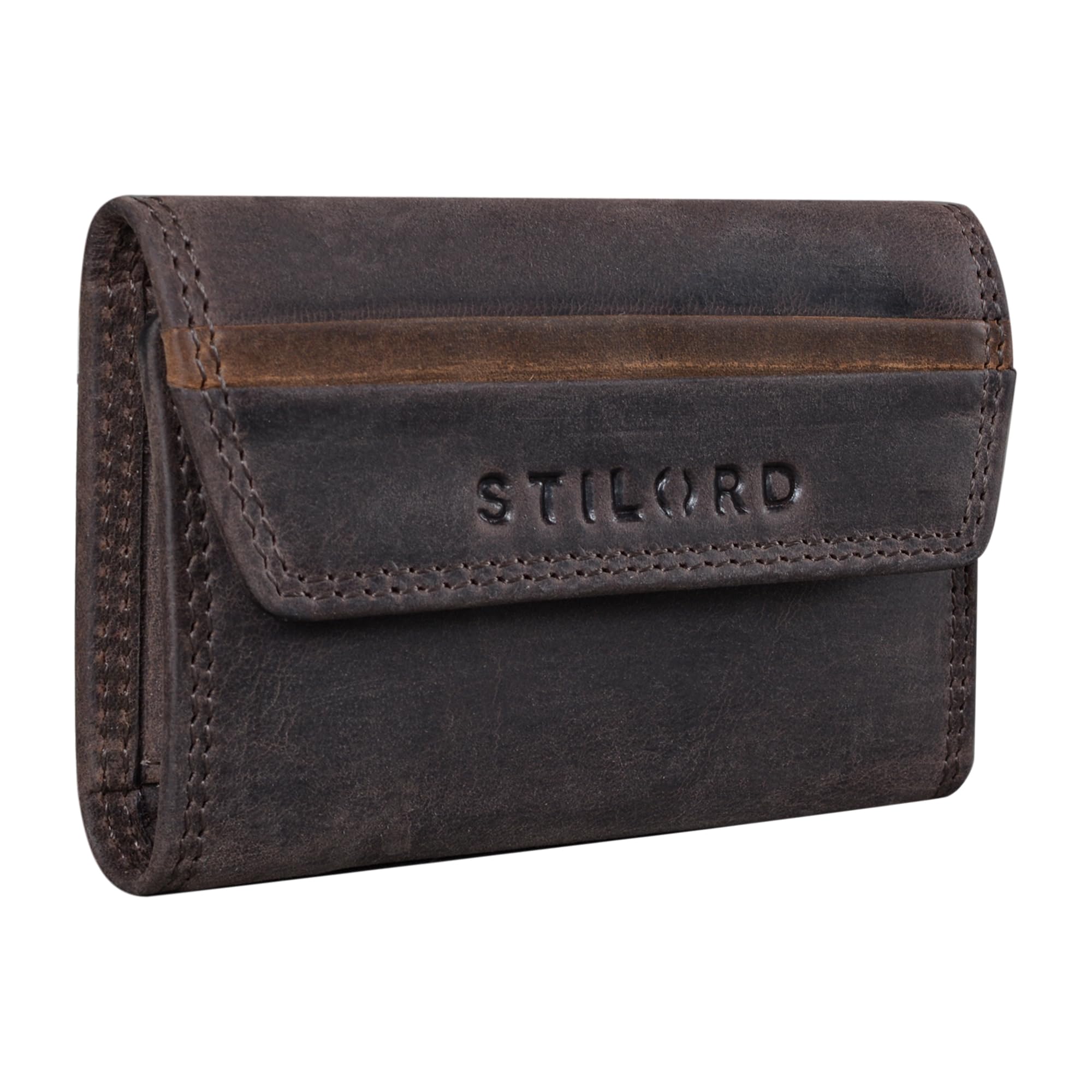 STILORD "Bowie" Leather Key Case and Wallet, Small Key Organiser, Slim Wallet, Mini Case for EC Cards, with Key Rings Colour:Dark - Brown