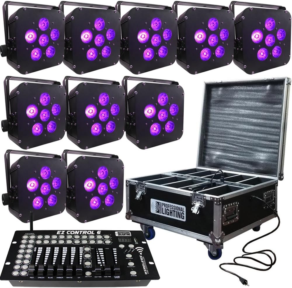 LED Battery Powered Wireless DMX - 16 Hour - 10 Lights w/Case - 6x6W RGBAW+UV - w/Easy Controller - Wedding Up Lights