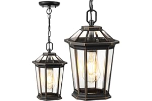 VIANIS Outdoor Pendant Light Fixtures for Porch, Exterior Ceiling Hanging Lanterns, Anti-Rust Waterproof Farmhouse Outdoor Chandelier, Black Gold Aluminum with Tempered Glass for Entryway, 1 Pack