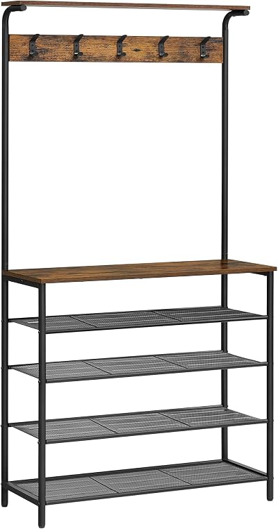 VASAGLE HSR408B01 Coat Rack Shoe Rack with 5 Double Hooks 5 Levels Vintage Brown