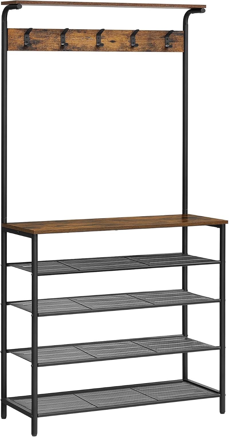VASAGLE HSR408B01 Coat Rack Shoe Rack with 5 Double Hooks 5 Levels Vintage Brown