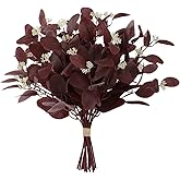dallisten 20" Silk Artificial Eucalyptus Stems, 12Pcs Fake Eucalyptus Stem with Leaves Berries, Greenery Plants Floral Decorations for Wedding Party Flowers Arrangement Home Decor (Burgundy)