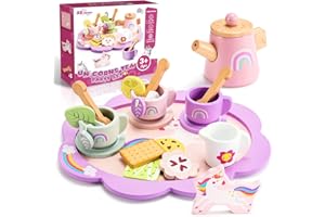 DELIGHKIDZ Kids Play Kitchen Accessories Toys: 22PCS Wooden Tea Party Set Unicorn Toy for Little Girls Ages 3-5 Play Food Pretend Play Kitchen Set for Toddlers Birthday Gifts for 3 4 5 6 Year Old Kids