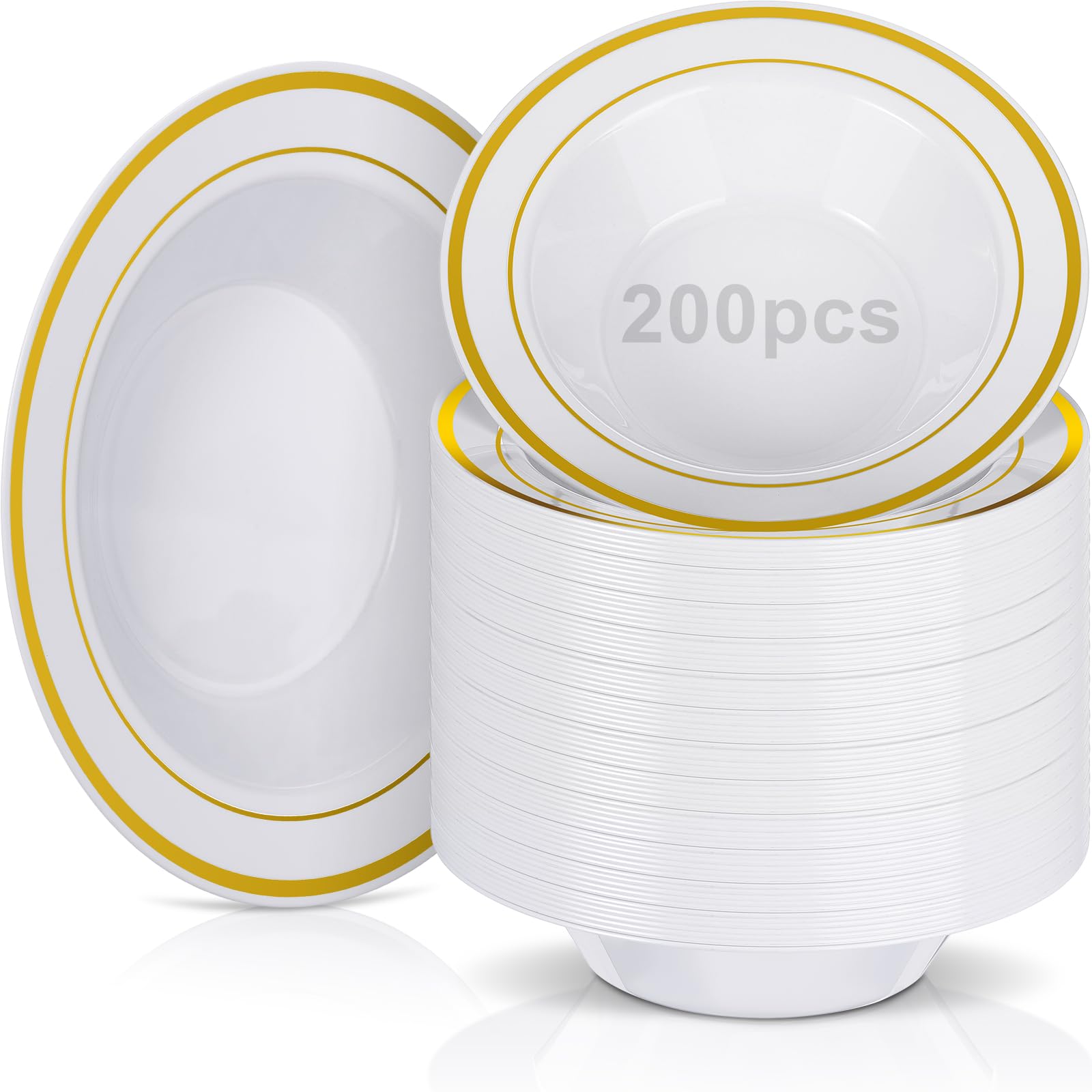 Photo 1 of Jinei 200 Pieces 6 oz Plastic Bowls with Rim Small Disposable Soup Bowls for Dessert Salad Soup Candy Wedding Thanksgiving Catering Holidays Party Supplies (White,Gold Rim)