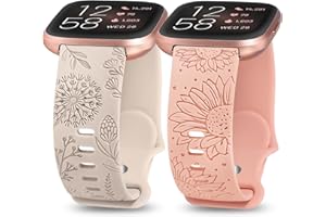 Minyee 2 Packs Floral Engraved Band Compatible with Fitbit Versa 2/Fitbit Versa/Versa Lite Bands Women, Cute Soft Silicone Sunflower Dandelion Sport Designer Fancy Summer Strap for Versa 2 Smart Watch
