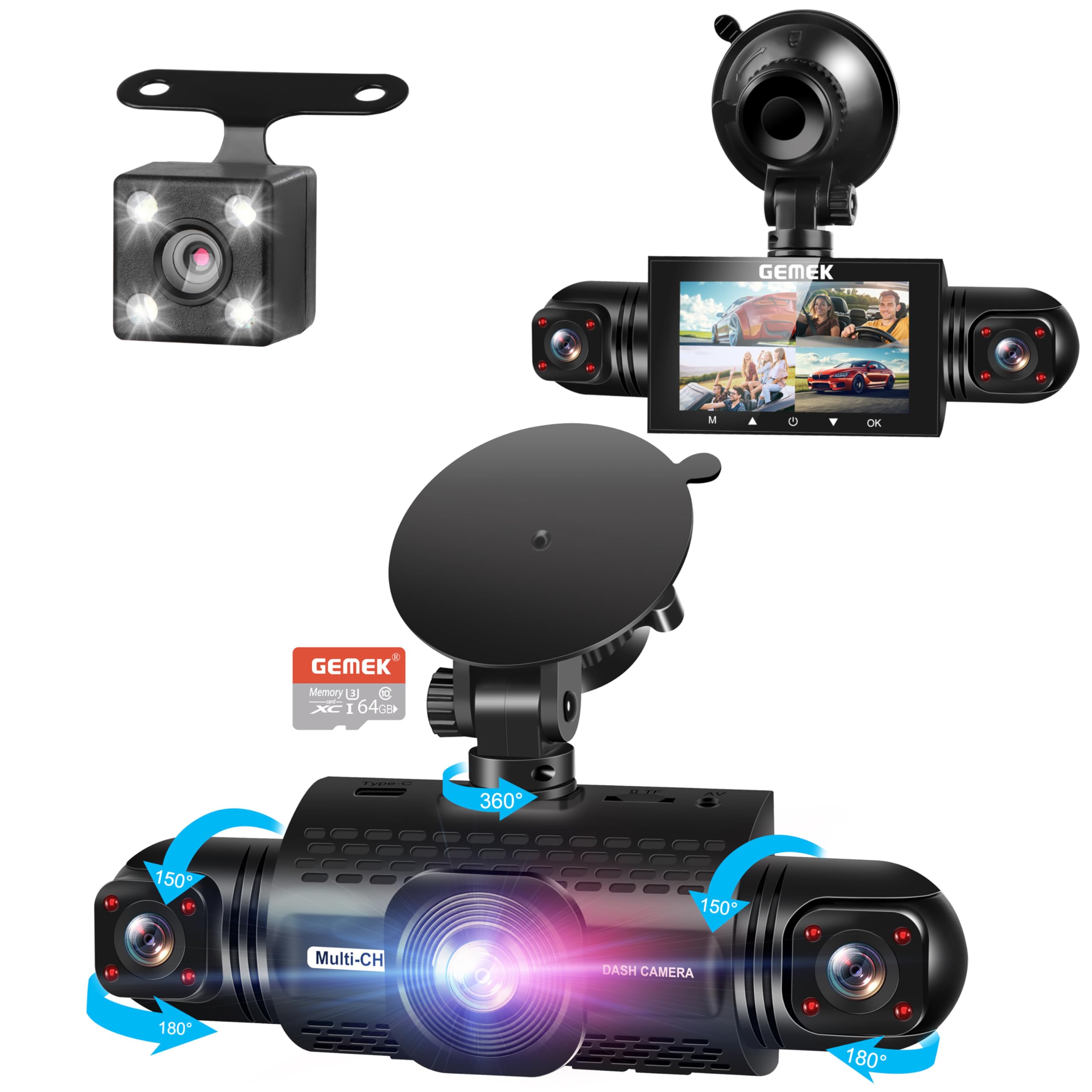 4 Channel Dash Cam 360° View 5G WiFi & APP Control, GEMEK 2K Front and Rear Inside, Left Right Dash Camera for Cars Free 64GB TF Card, G-Sensor, Night Vision, 24H Parking Mode