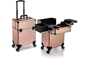 Stagiant Rolling Makeup Train Case Large Storage Cosmetic Trolley 4 Tray with Sliding Rail Removable Middle Layer with Key Swivel Wheels Salon Barber Case Traveling Cart Trunk