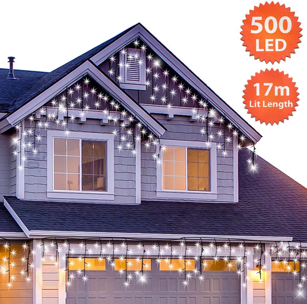 ANSIO® Outdoor Christmas Lights 500 LED 17.4m/56ft Icicle Lights Outdoor & Indoor Cool White Decorations String Fairy Outside Lights with Timer for Xmas Garden Bedroom Party - Image 3