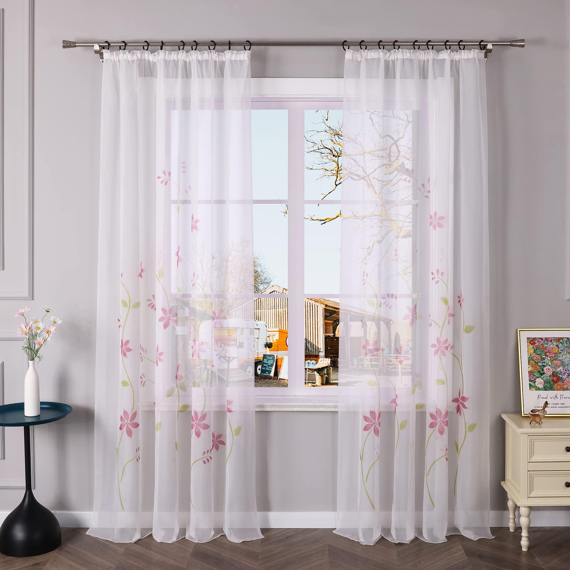 Yujiao Mao Voile Curtain with Floral Print Flowers Colourful Curtains Scarf with Ruffle Tape Pack of 1 Pink W x H 150 x 225 cm