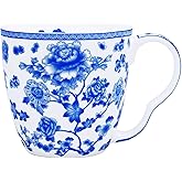 PMNING Bone China Coffee Mug Floral Coffee Tea Mug - 16 oz Bone China Floral Mug Flower Coffee Tea Cup Gifts for Women Mom Friend (Blue)