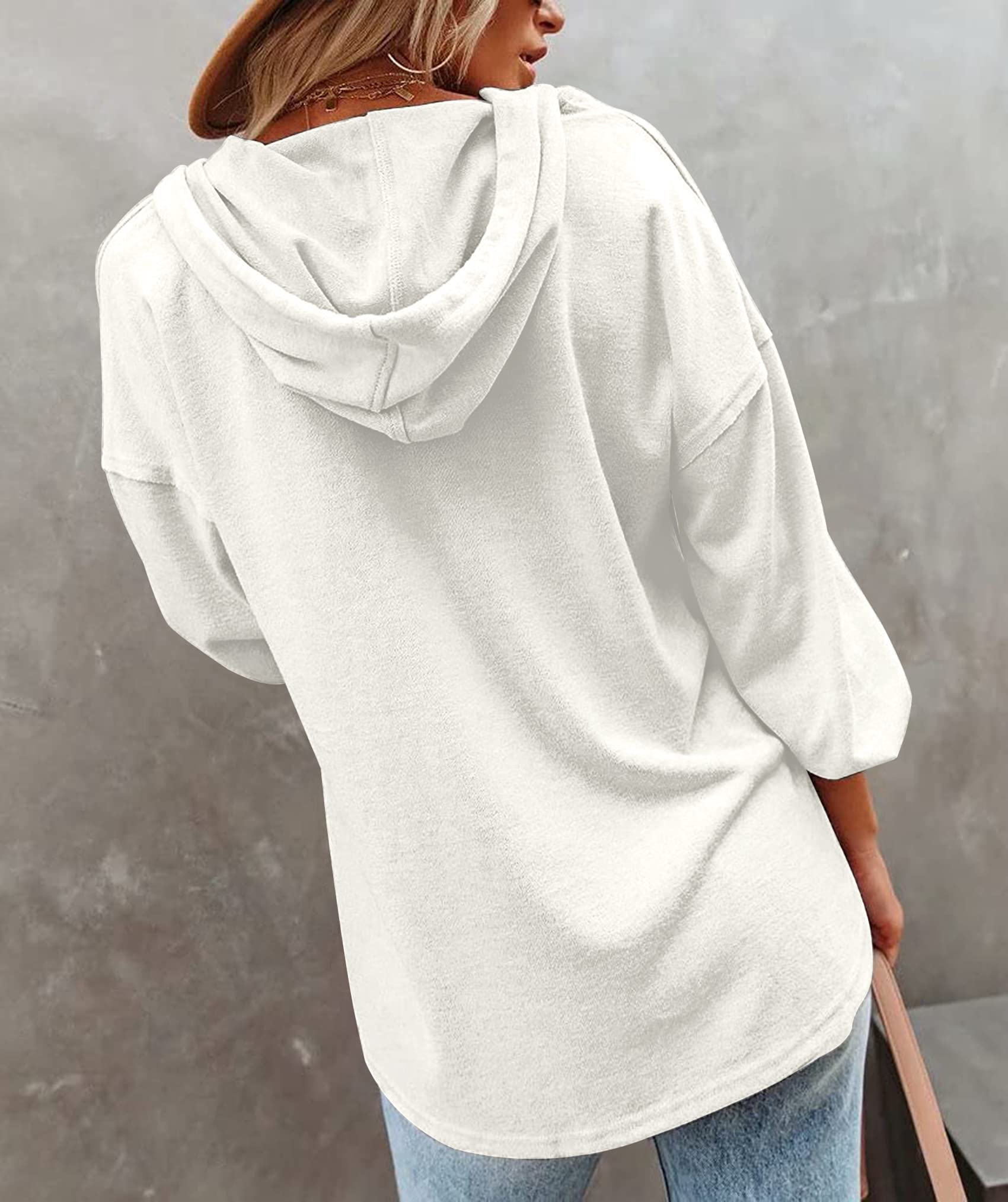 PLOKNRD Kapuzenpullover Damen Langarm Knöpfen Pullover mit Kordelzug Freizeit V-Ausschnitt Hooded Henley Sweatshirt Klassisch(Cremeweiß, L)