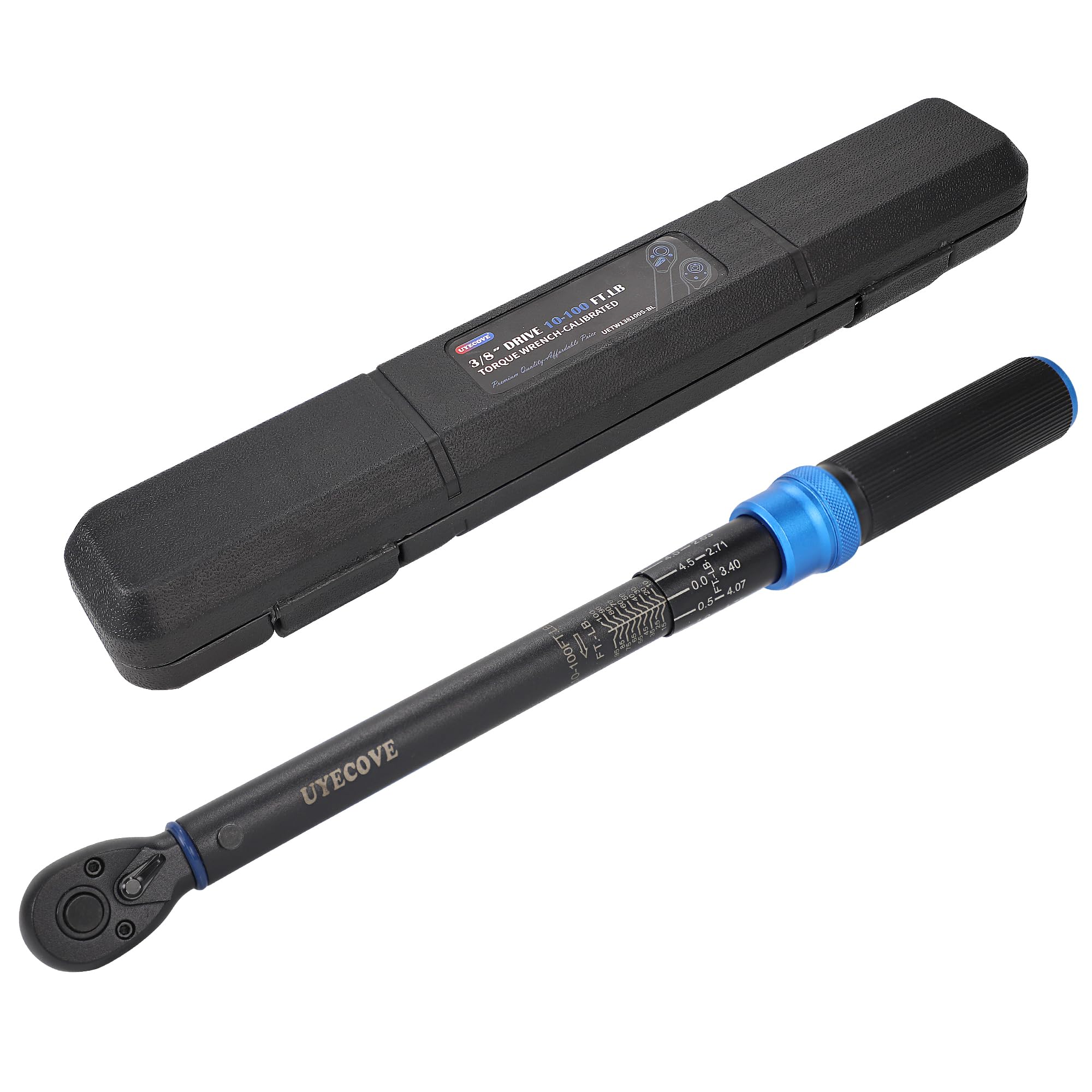 Photo 1 of UYECOVE 3/8-Inch Drive Click Torque Wrench, Dual-Direction Click Professional Torque Wrench 10-100FT.LB/13.6-135.6N.M, Dual Range Scales Graduated in FT.LB and N.M, Blue
