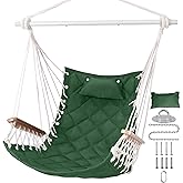 ROOITY Hammock Chair Hanging Swing with Wooden Armrests;Steel Spreader Bar,Pillows,Hardware kit Included;Cotton Woven ;Up to 350 Lbs,for Indoor Outdoor Green