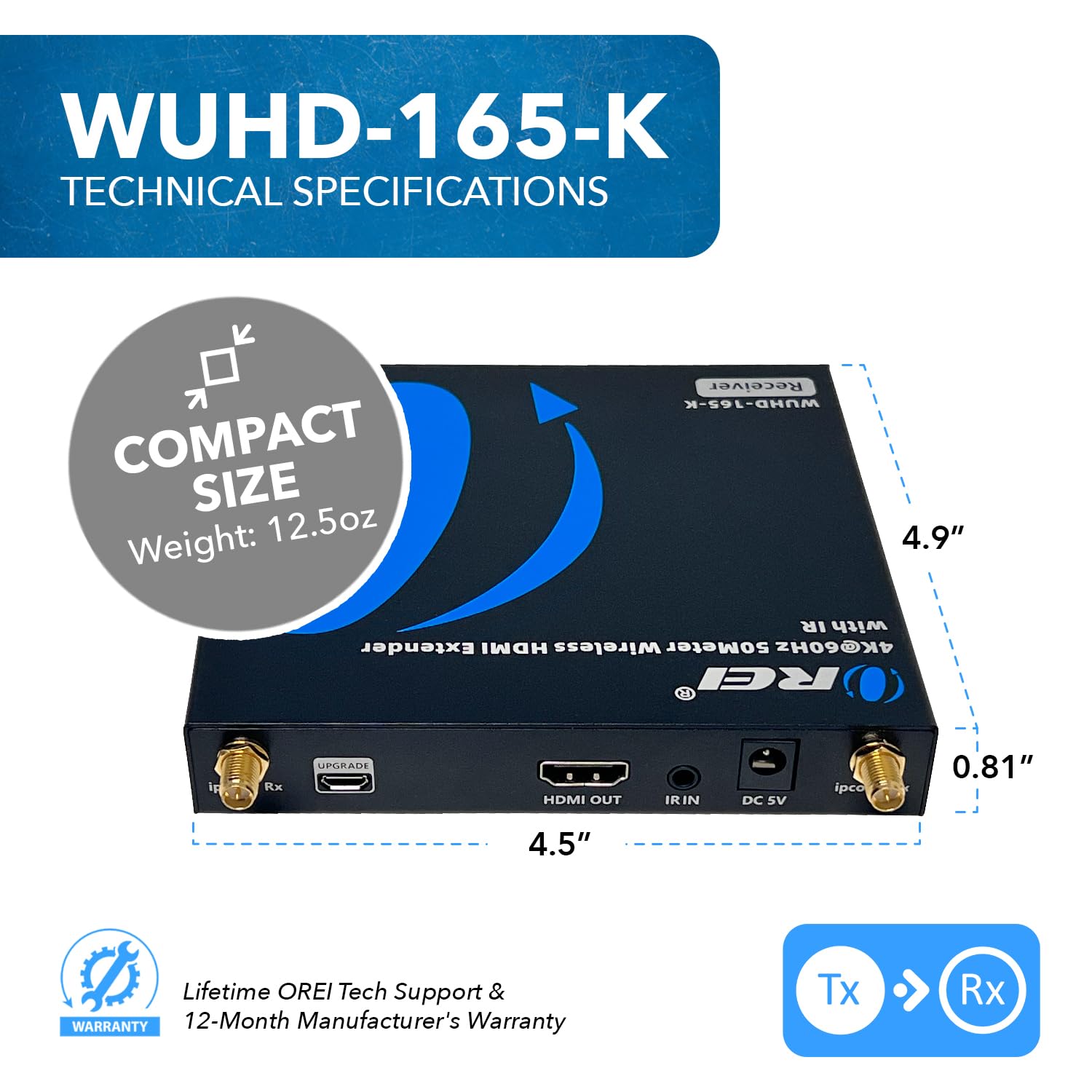 OREI Wireless HDMI Extender Transmitter & Receiver Dongle UtraHD 5.1-5.2 Ghz Up to 4K @ 60Hz - Upto 165 Feet - Perfect for Streaming from Laptop, PC, Cable, Netflix, YouTube, PS4 to HDTV/Projector