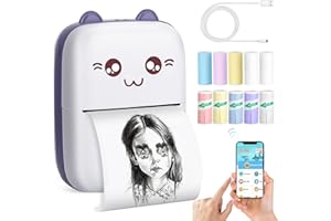 Bakoor Mini Printer, Thermal Printer with 10 Rolls Paper, Sticker Printer Machine, Portable Study Printer for Pictures, Journals, DIY, Compatible with Android & iOS