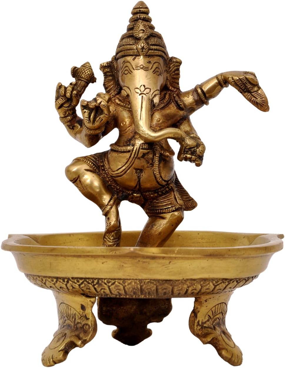 Aesthetic Decors Oil Lamp with Ganesh Dancing Showpiece - 16.5 cm (Brass, Gold)