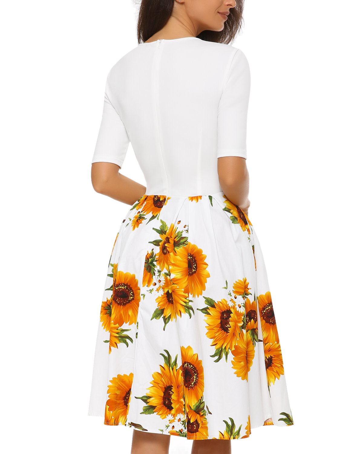 Mixfeer Women’s Vintage Midi Dress Floral Scoop Neck Short Sleeve Casual Work Cocktail Party Swing Dress with Pockets