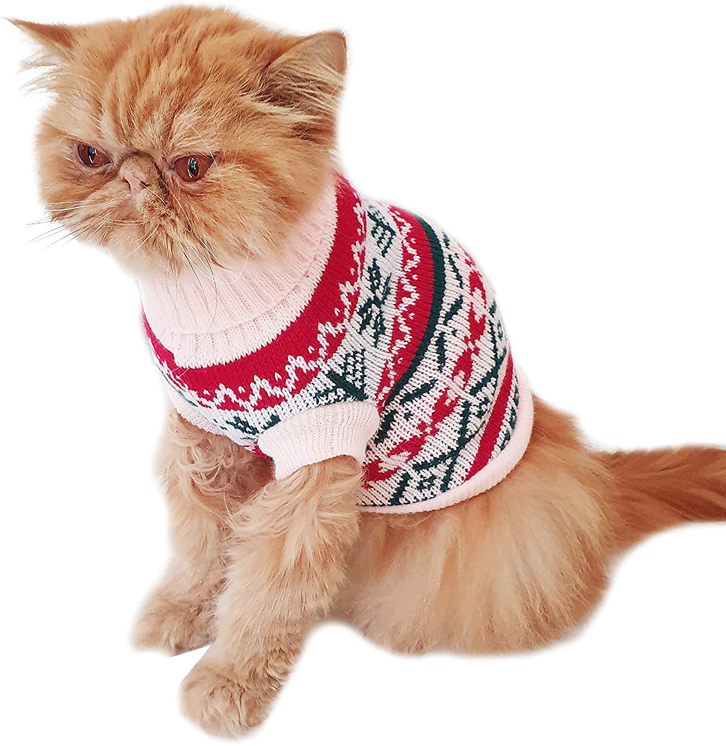 Knitted SMALL DOGS ONLY Puppy Cat Kitten Warm Winter Girl Boy Cold Weather Clothes Jacket Hoodies Sweatshirt Christmas Pullover Gift Jumper Sweater Nordic Fair Isle Snowflake Red (Pink X-Large)