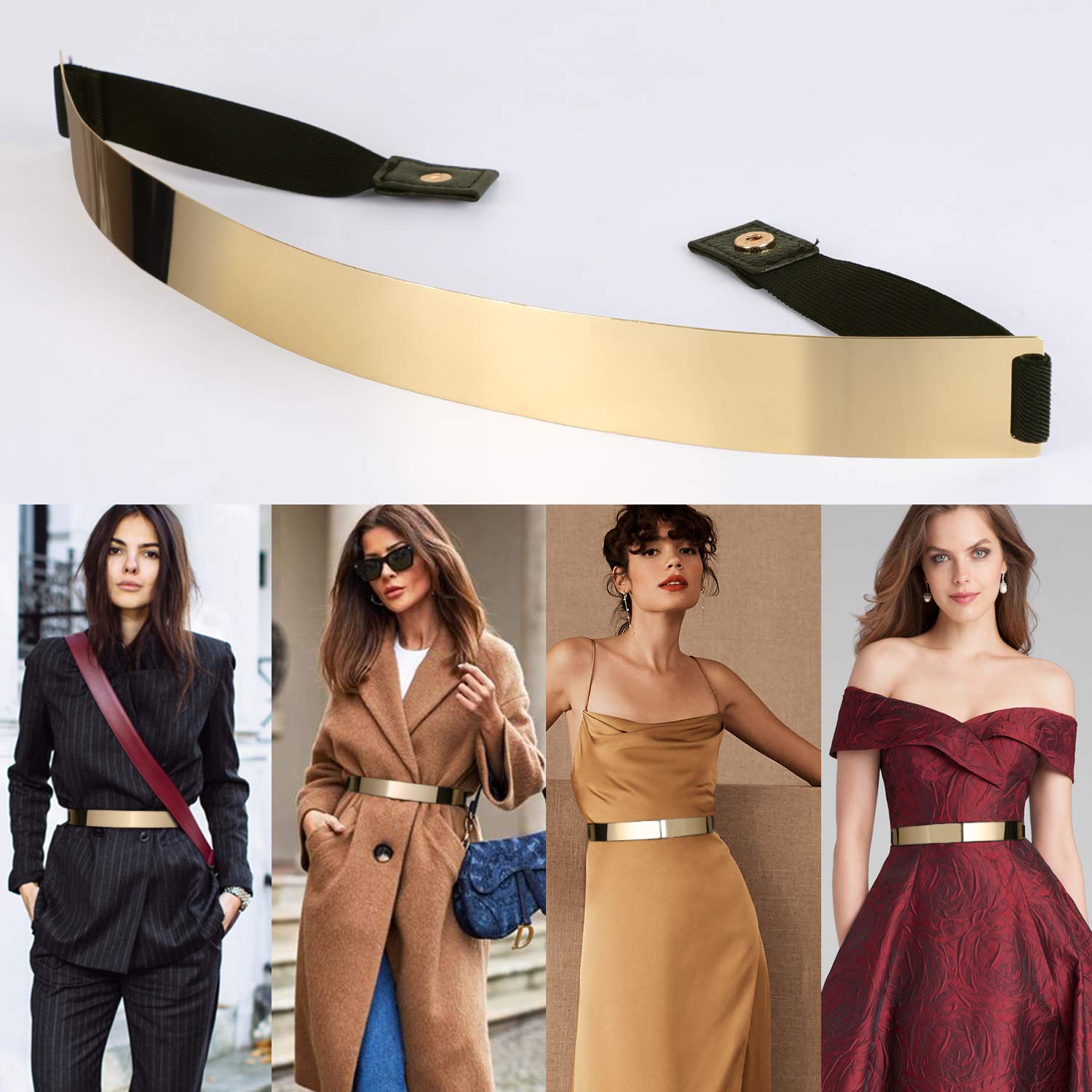 JASGOOD Gold Belts for Women Fashion Dress Belt Metal Plate Mirror Elastic Stretch Waist Belt with Snap Button (Gold Black,Fit Waist Size 32-45 Inch)