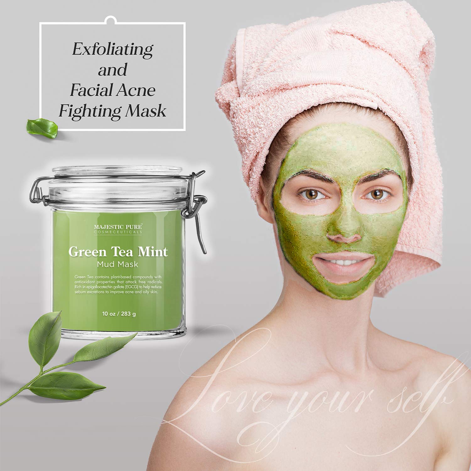 Majestic Pure Green Tea Mint Mud Mask - Exfoliating Facial Face and Skin Mask for Blackhead and Acne - Rich in Antioxidant, Fight Free Radicals, 10 oz : Beauty