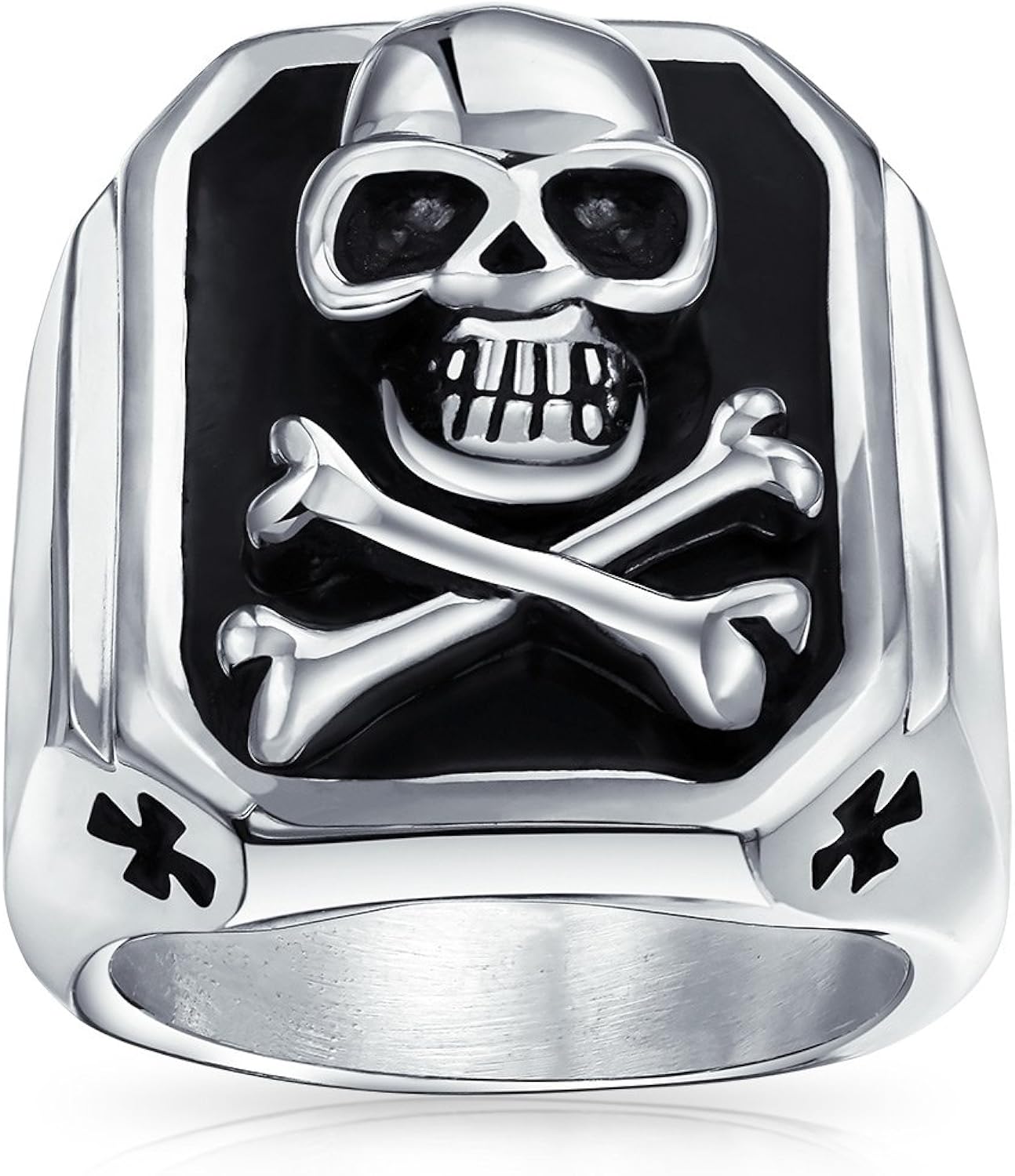 Bling Jewelry Men's Big Black Enamel Caribbean Pirate Skull & Cross Bones Rectangle Signet Ring For Men Teens Silver Tone Stainless Steel - Image 3