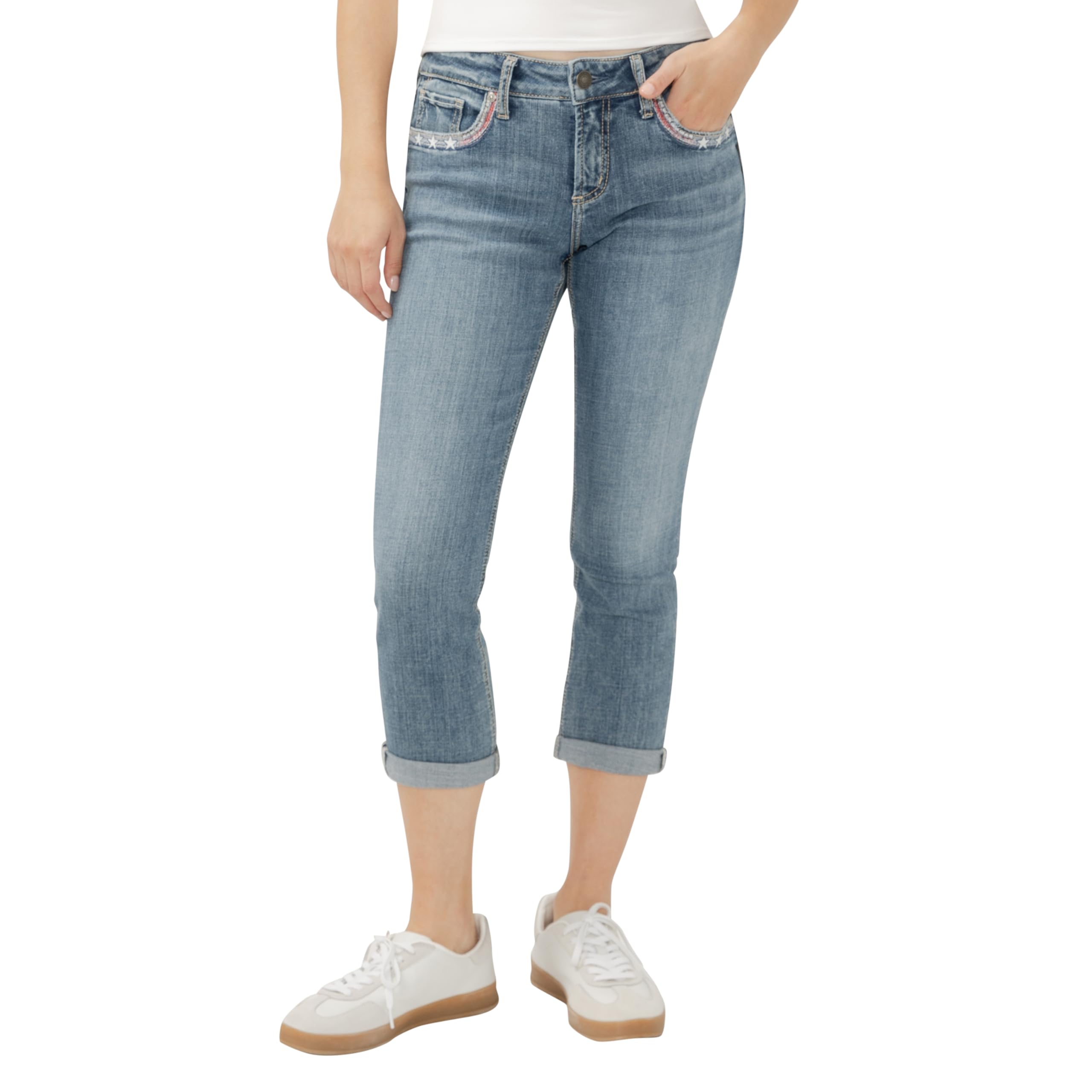 Silver Jeans Co. Women's Elyse Mid Rise Comfort Fit Capri Jeans, Luxe Stretch Freedom, 23 Image