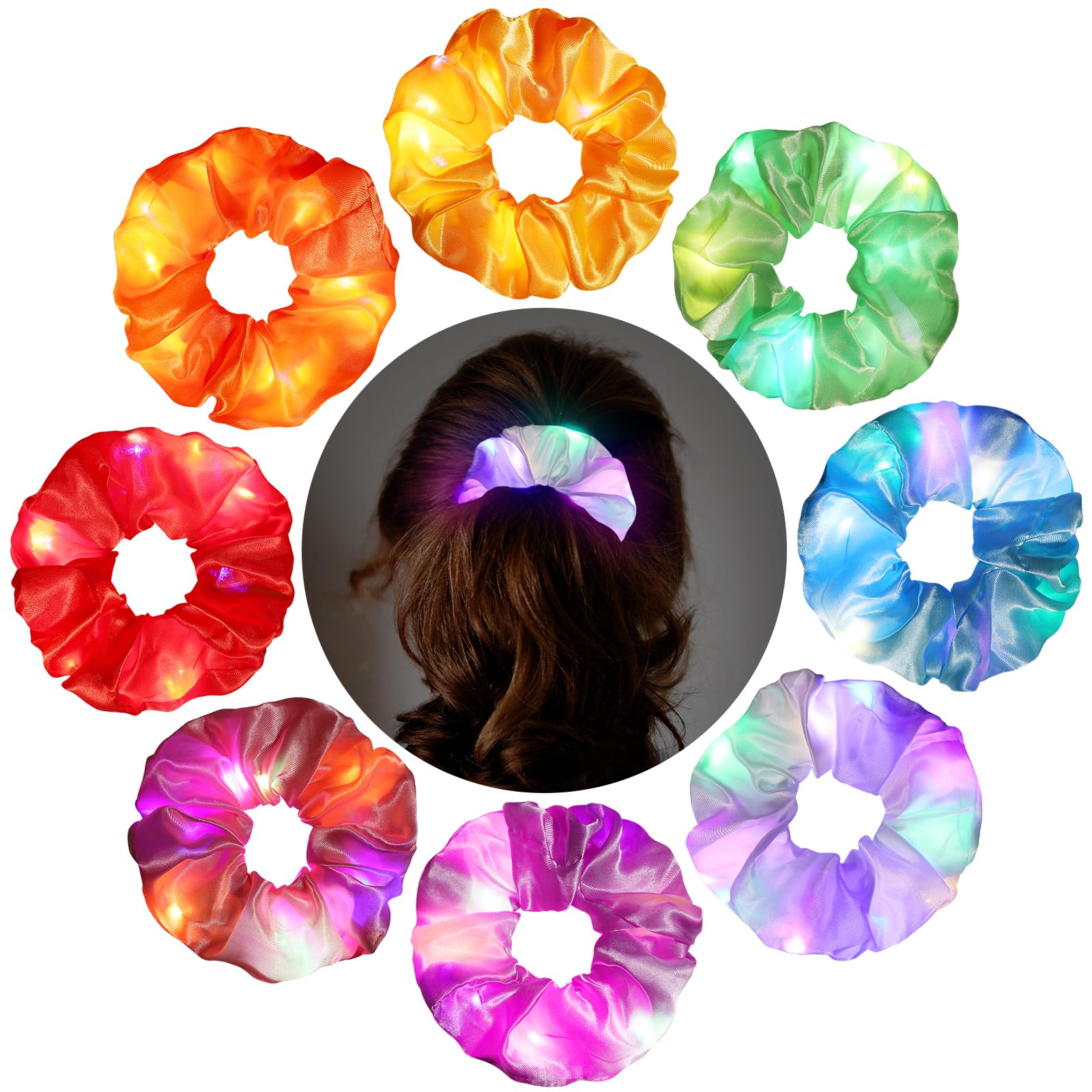 JIZZU 8 PCS LED Scrunchies, Led Glow Hair Bands, Colorful Luminous Hair Ties, Elastic Light up Hair Scrunchies for Women Girls Christmas Rave Glow in The Dark Party Supplies