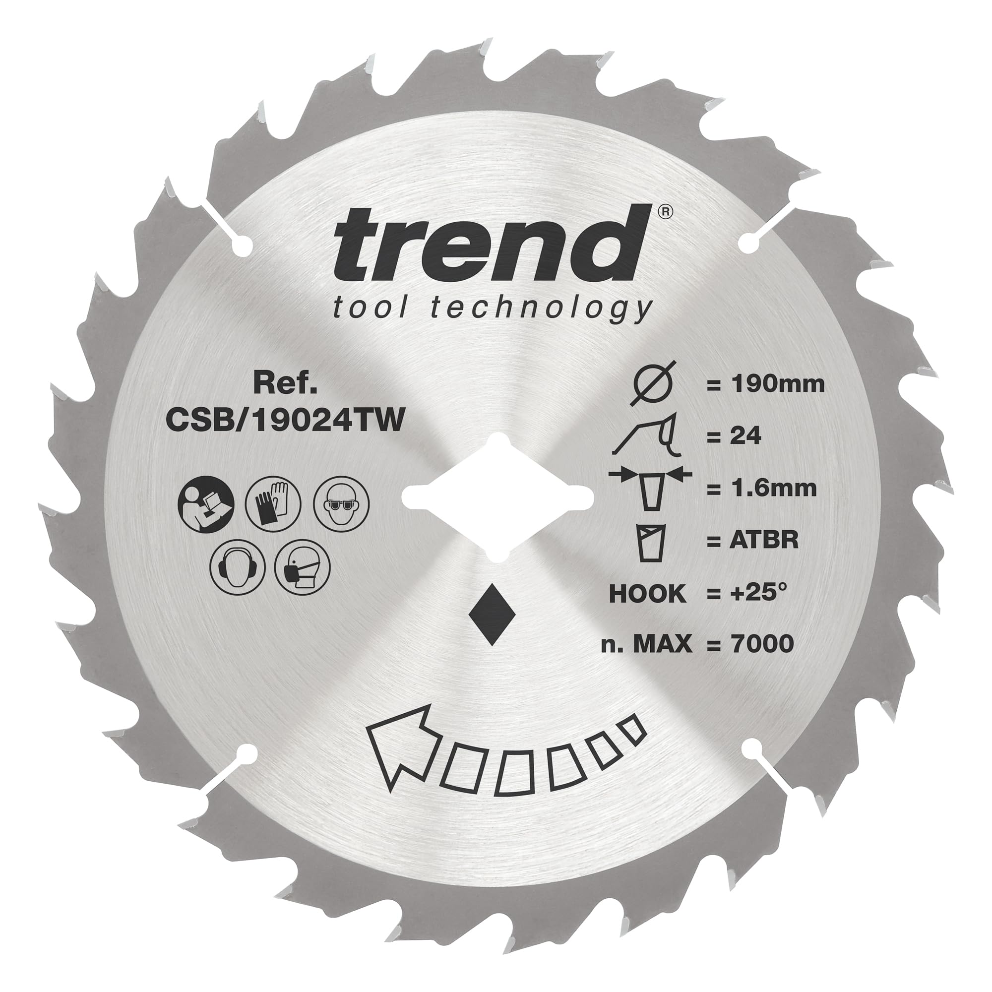 Trend Wood Cordless ATBR Circular Saw Blade, 190mm Diameter, Diamond Bore, 24 Teeth, 1.6mm Kerf, +25° Hook, TCT, Medium Finish, CSB/19024TW