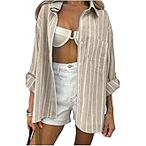 SOLY HUX Women's Striped Shirt Collar Roll Up Long Sleeve Oversized Button Down Blouse Tops with Pocket