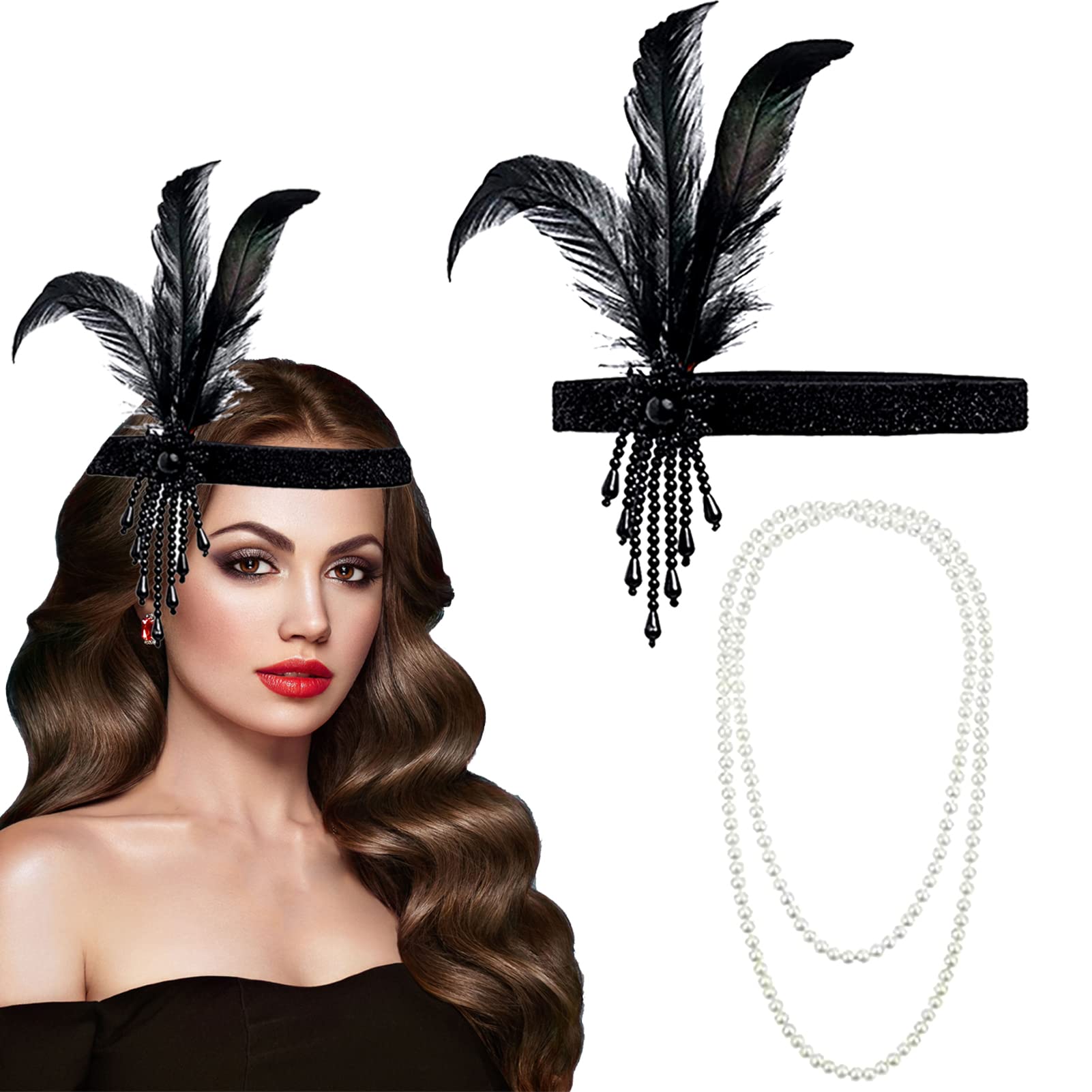 1920s Flapper Headband & Necklace Set - Faux Pearls, Beaded & Feathered Gatsby Costume Accessories
