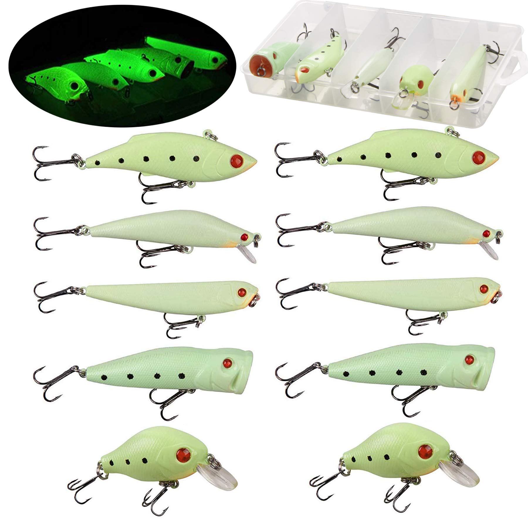 Glow Fishing Lures Bait Kit Luminous VIB Popper Crank Minnow Pencil Hard Bait with Treble Hook Night Fishing Bait Tackle Box（10pcs/box)