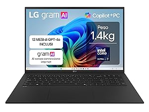 LG gram AI 16Z90TL Copilot+ PC, Notebook 16″ 2.5K, Intel Core Ultra 7 (Serie 2) 256V, 16GB RAM, 512GB SSD, AI PC, Ultraleggero solo 1.2 kg, Batteria 77Wh, Windows 11 Home, Tastiera italiana, Nero
