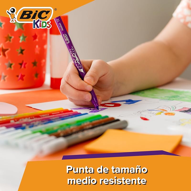 , Kid Couleur, Rotuladores Lavables para Niños,Ideales para Material Escolar, Punta Media Resistente, Colores Brillantes e intensos, Caja de 24 uds
