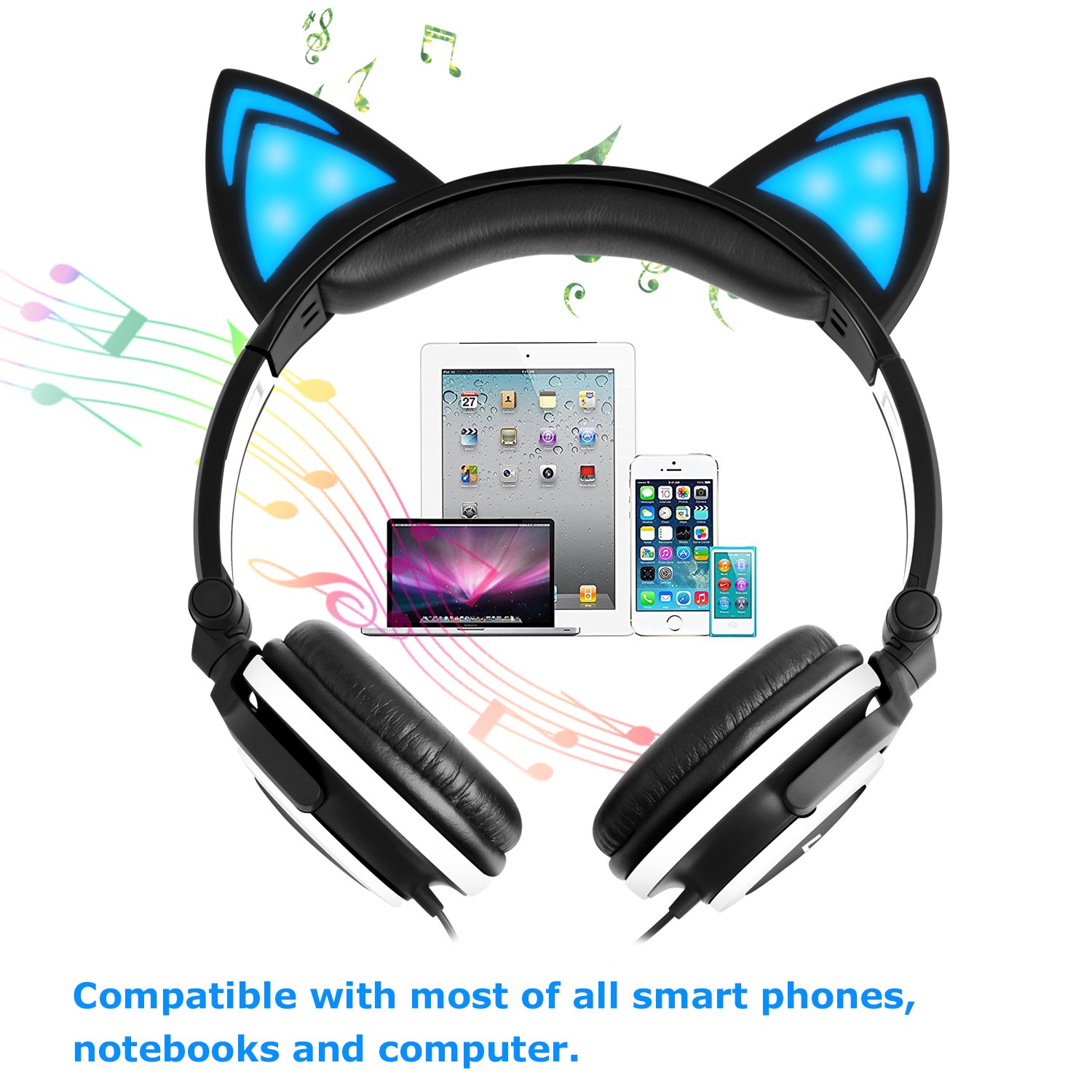 Cat Ear Headphone,LOBKIN Foldable Wired Over Ear Kids Headphone with Glowing Light for Girls Children Cosplay Fans,Compatible for iPhone,Android Phone (Black)