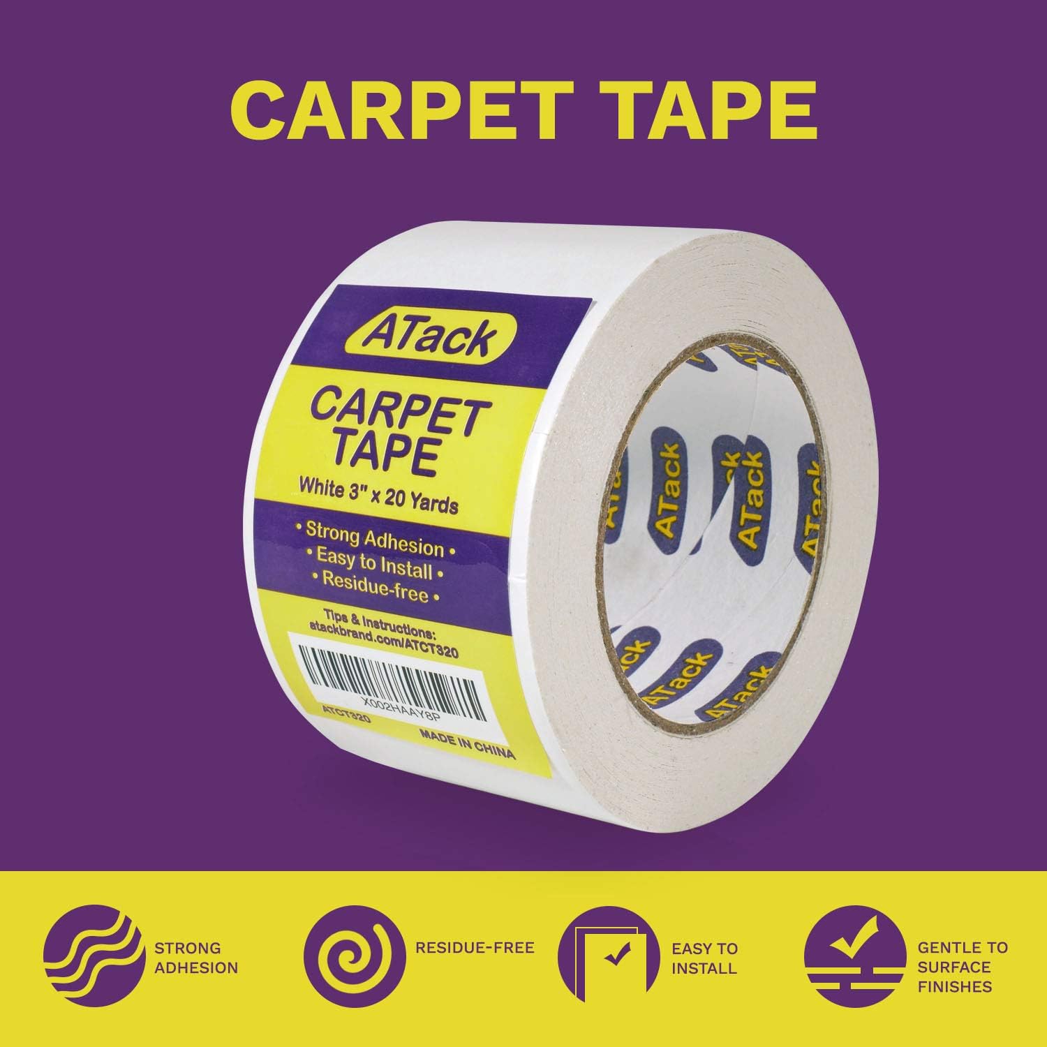 ATack Carpet Tape for Area Rugs and Carpets, Removable, 3 Inches x 20 Yards, Ideal for Stair Treads, Rugs, Carpets Over Carpets or Delicate Hardwood Floors - - 