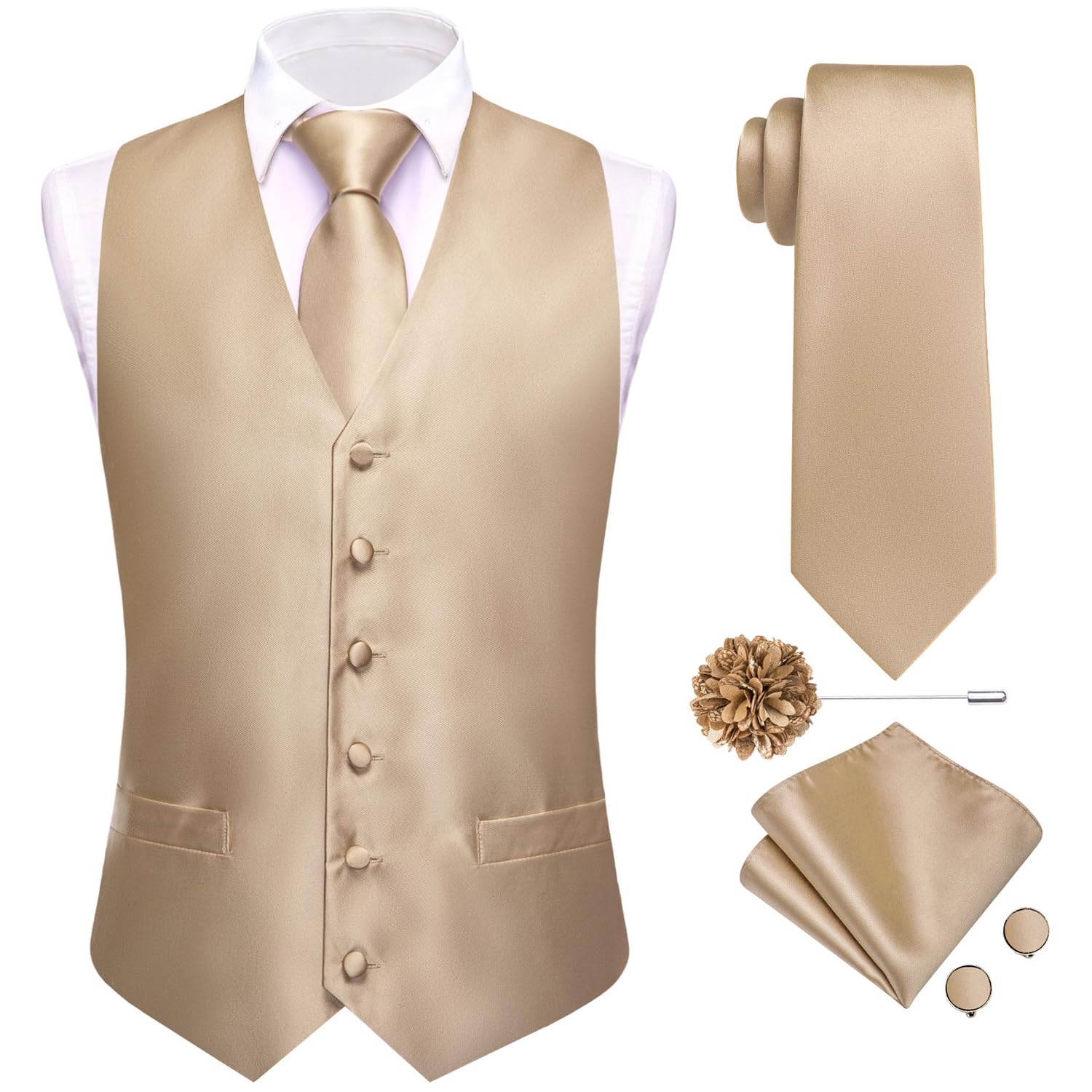 Hi-Tie Solid Champagne Vest Men Silk Tie Set 5PCS Necktie Pocket Square Cufflinks Lapel Pin Formal Wedding Tuxedo Image