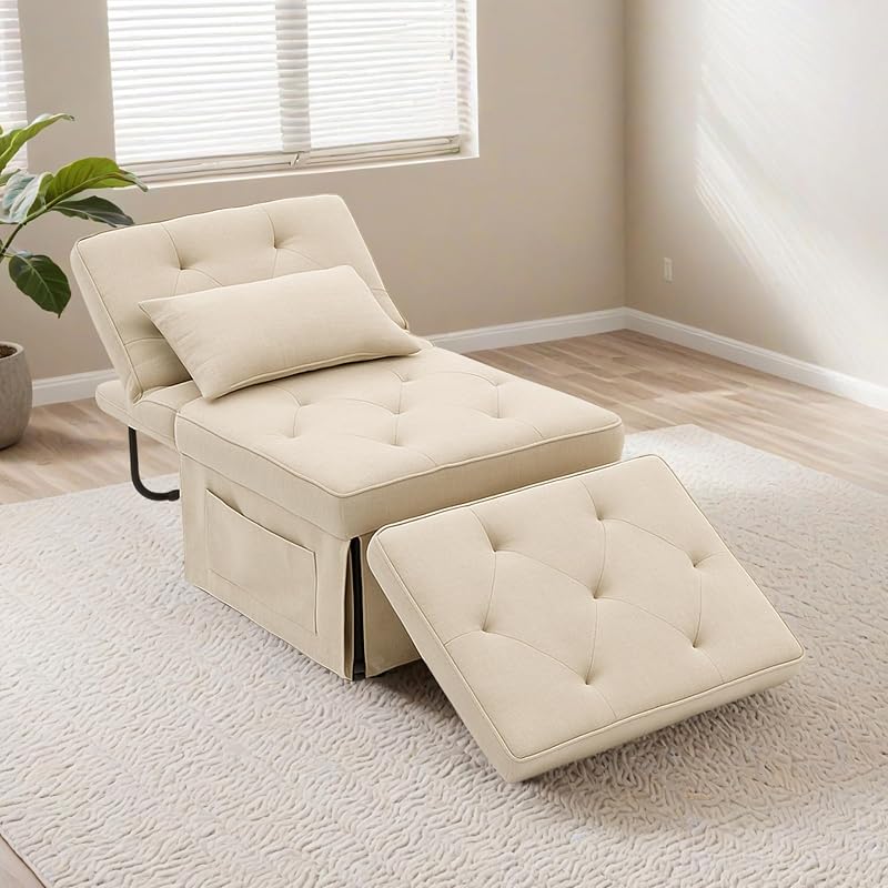 Poltrona Relax Pieghevole 3 in 1, Sedia a Sdraio Trasformabile con Funzione Letto, Portata 300 kg,Beige, 72×69×35 cm