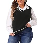 Agnes Orinda Plus Size Sweater Vest for Women V Neck Stripe Cable Knit Sleeveless Pullover Sweater Vest