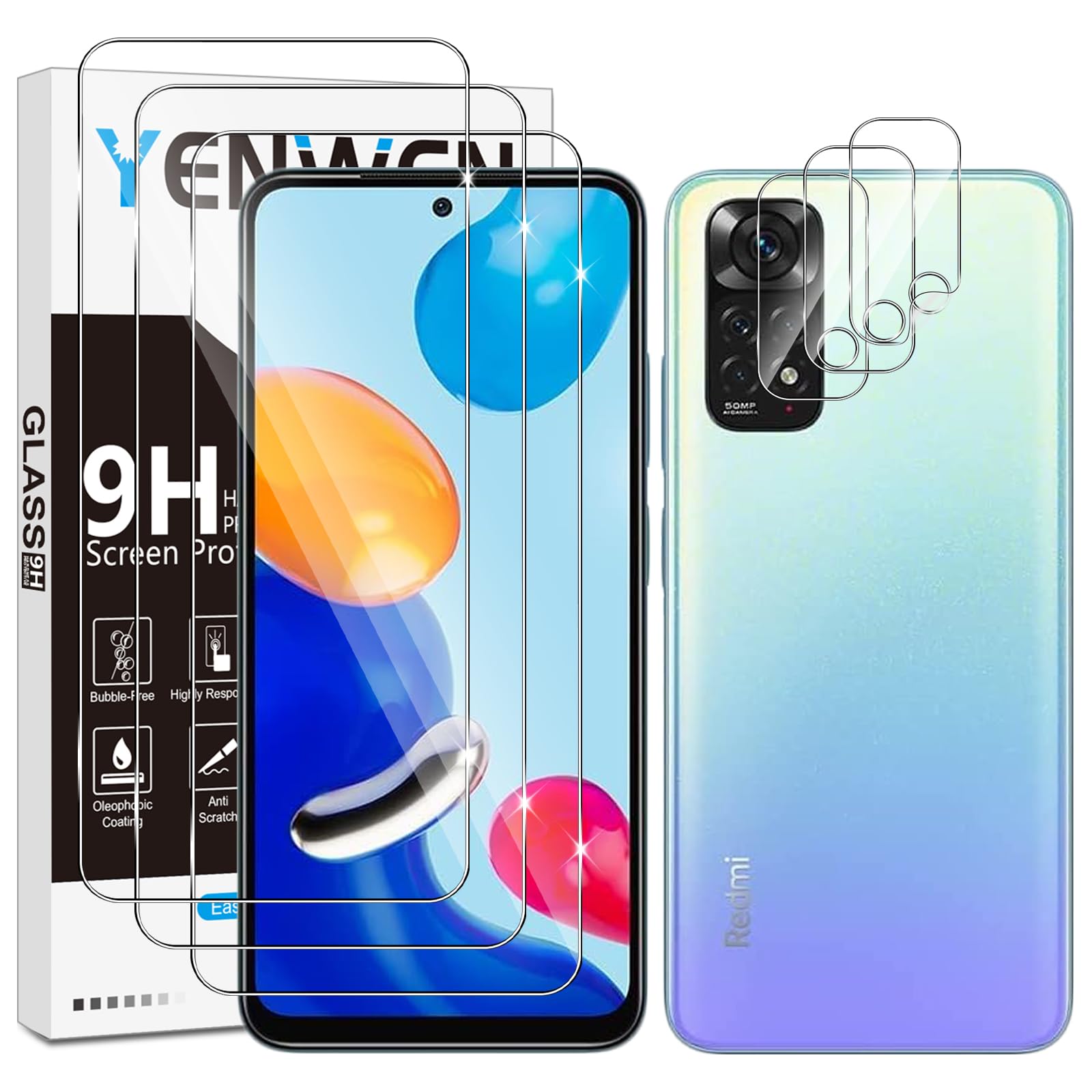 Yenwen Screen Protector for Xiaomi Redmi Note 11 for Tempered Glass, Pack of 3 Tempered Glass Film with 3 Camera Protection, Anti-Scratch Protective Glass, HD Clear Glass Film